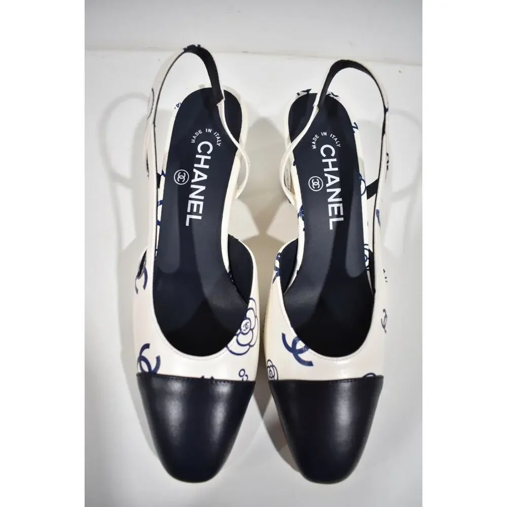 Chanel 23P Mademoiselle Coco Sling White Blue CC Logo Slingback Sandal Heel 40 - Picture 6 of 10